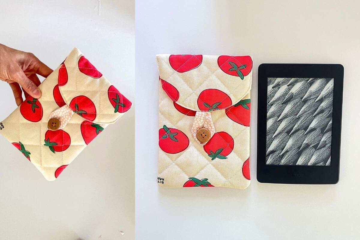 Two-panel image showing a hand holding the completed tomato print nubim Kindle sleeve on the left, and the sleeve placed beside a Kindle e-reader for size comparison on the right
