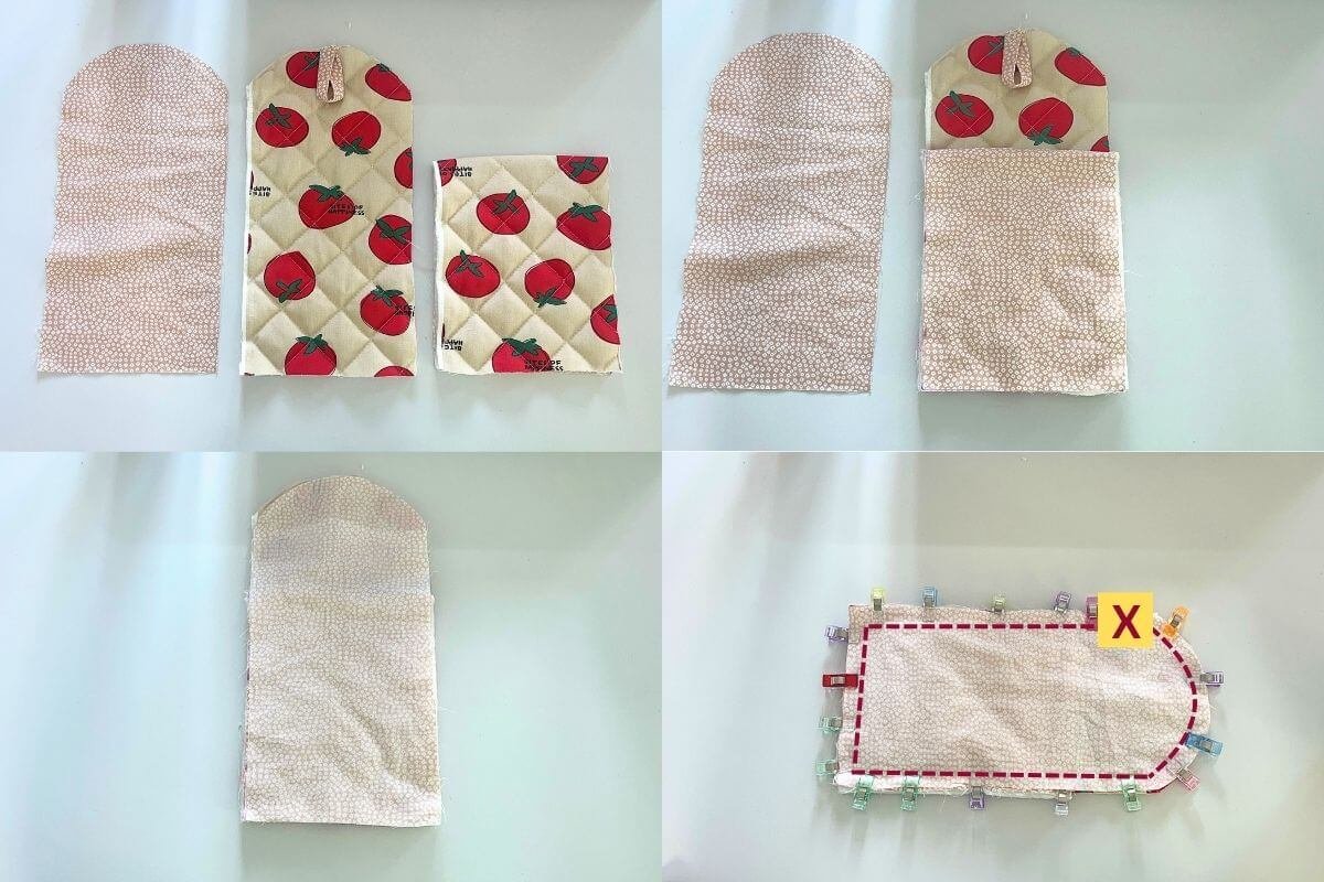 Four-panel image showing the assembly process: all three pieces laid out, front panel placed on nubim back, lining placed on top showing the sandwich, and all layers clipped together with red dashed stitch line and X marking the turning gap