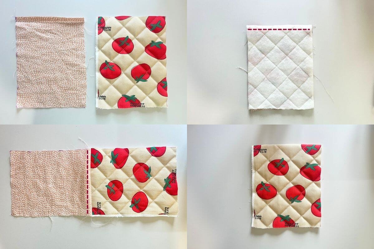 Four-panel image showing the front panel sewing steps: lining and nubim pieces side by side, pieces flipped right sides together with stitch line marked in red, pieces opened out after stitching, and the finished pressed front panel