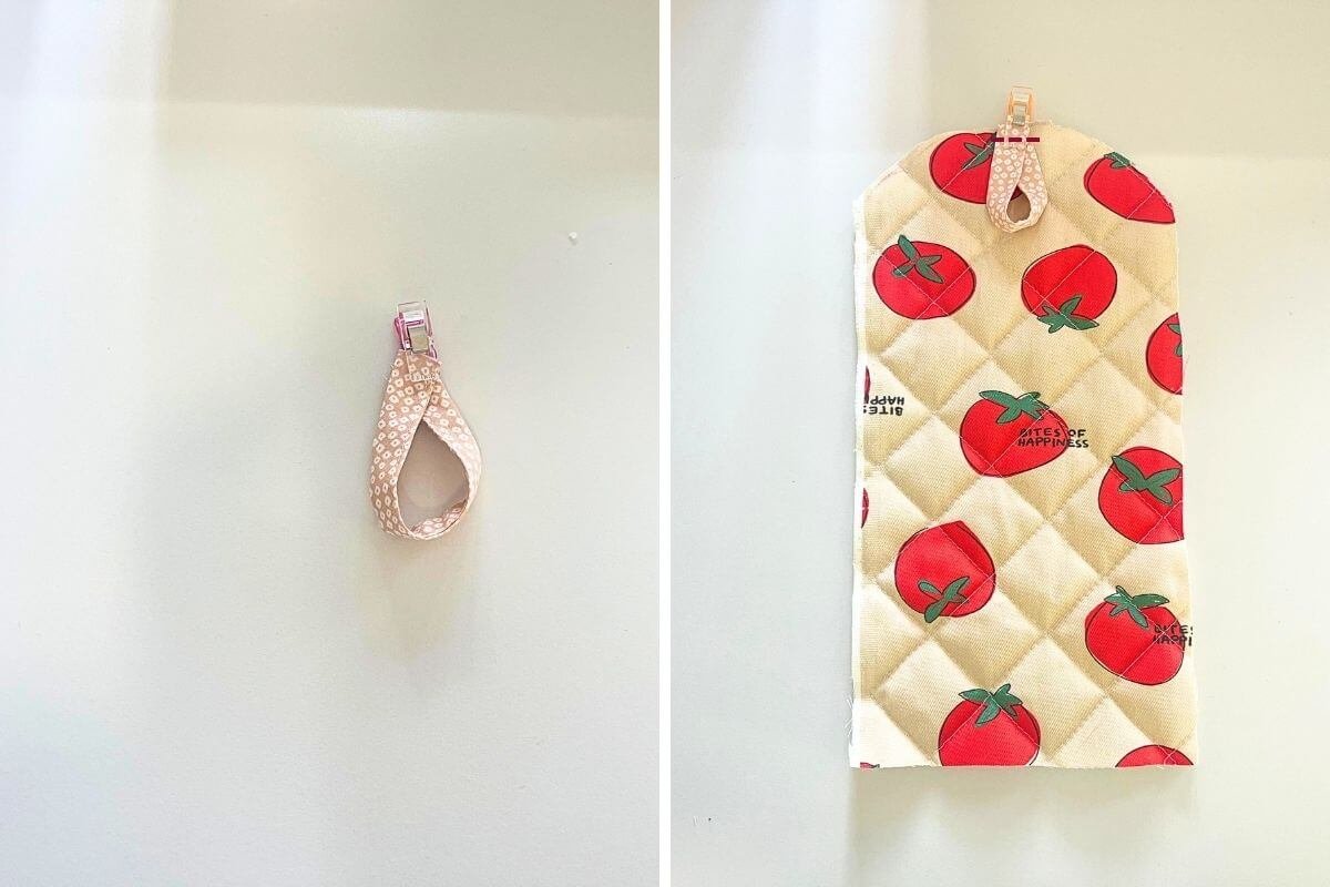 Two-panel image showing the finished pink floral fabric button loop on the left, and the loop basted to the centre top of the tomato nubim back piece on the right