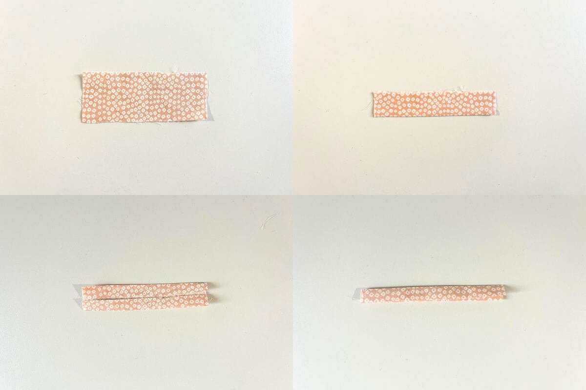 Four-panel image showing the four stages of making the fabric button loop: cut strip flat, folded once lengthwise, folded again with edges enclosed, and final pressed strip ready to stitch