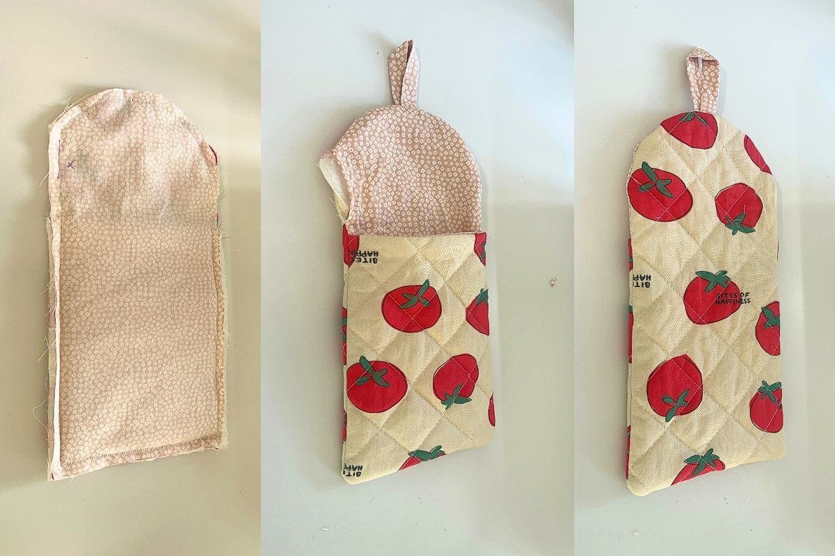 Three-panel image showing the turning process: the sewn lining-side-out piece on the left, the sleeve partially turned showing both fabrics in the middle, and the fully turned sleeve showing the tomato nubim exterior with the loop at the top on the right