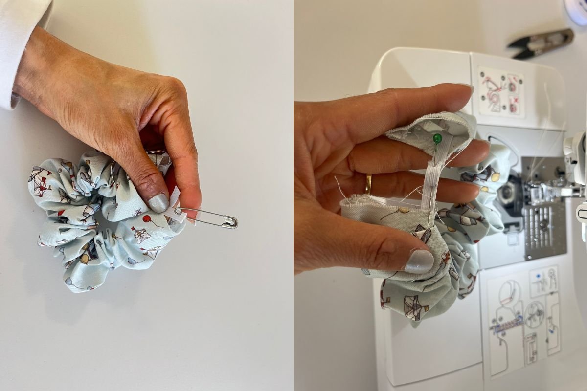 Bring the elastic through the fabric to make the both ends meet then sew to secure