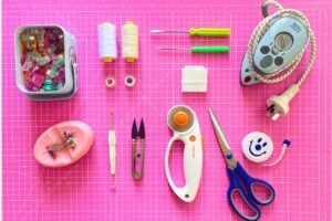 Flat lay of my sewing essential tools