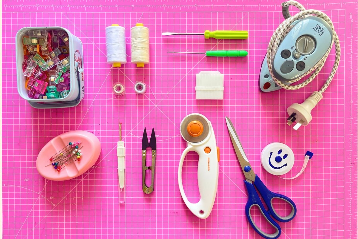 Flat lay of my sewing essential tools