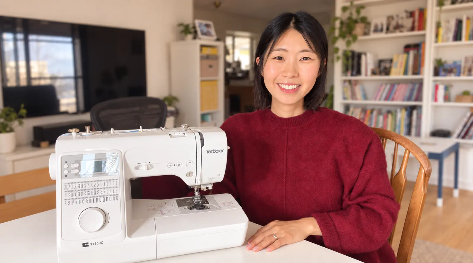 Sukhee next to the sewing machine - sew for max